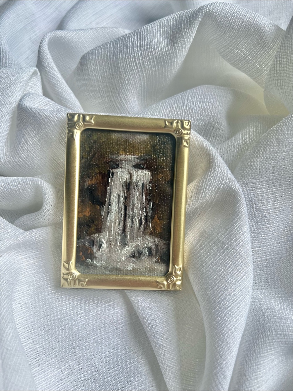 Hidden Falls Oil Painting in Gold Frame - White & Brown Tones